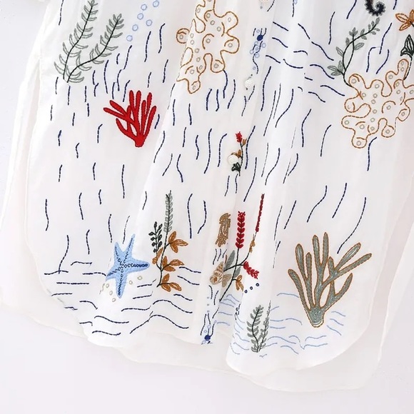 Lena Vie Embroidered Ocean Life Long Sleeve Cotton Button Down Tunic - Picture 5 of 8